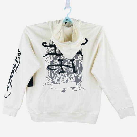 NWT Ed Hardy Men's Battle Skull Ivory Hoodie Sweatshirt Size XL Pullover - Picture 2 of 15